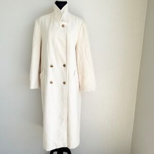 Herman Kay Long Wool Blend Coat Double Breasted Vintage Womens Cream Oversized